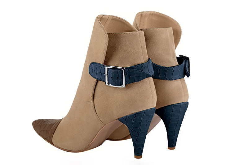 Caramel brown, tan beige and denim blue women's ankle boots with buckles at the back. Tapered toe. High slim heel. Rear view - Florence KOOIJMAN